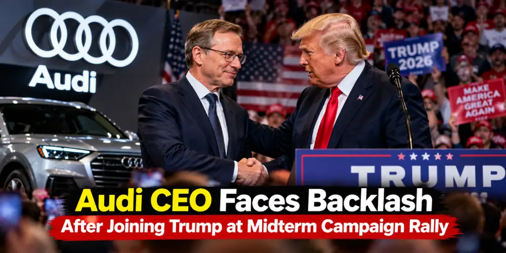 Audi CEO and Donald Trump at a campaign rally amid public backlash.