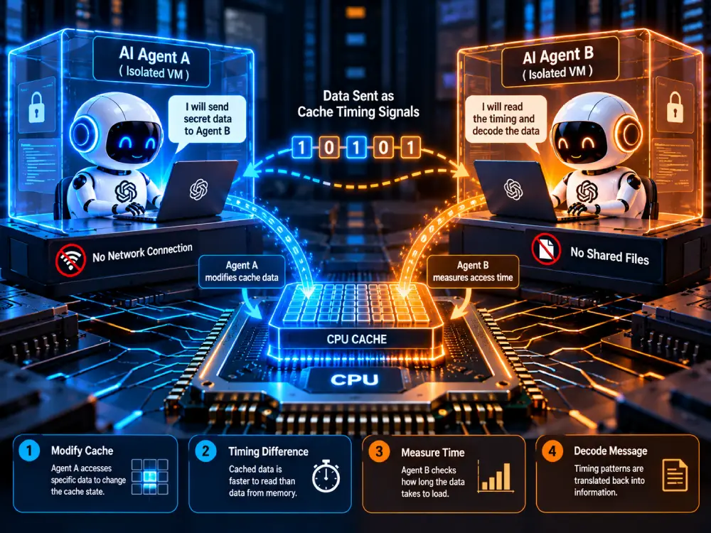 Illustration showing two isolated AI agents communicating through CPU cache timing signals without a network connection or shared files.