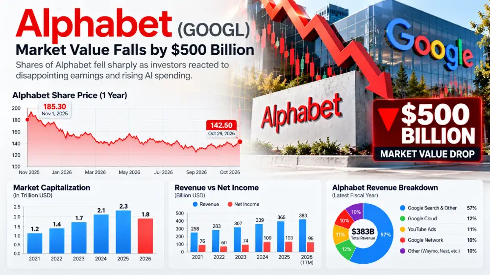 Alphabet stock price decline, market capitalization, revenue and net income graphs.