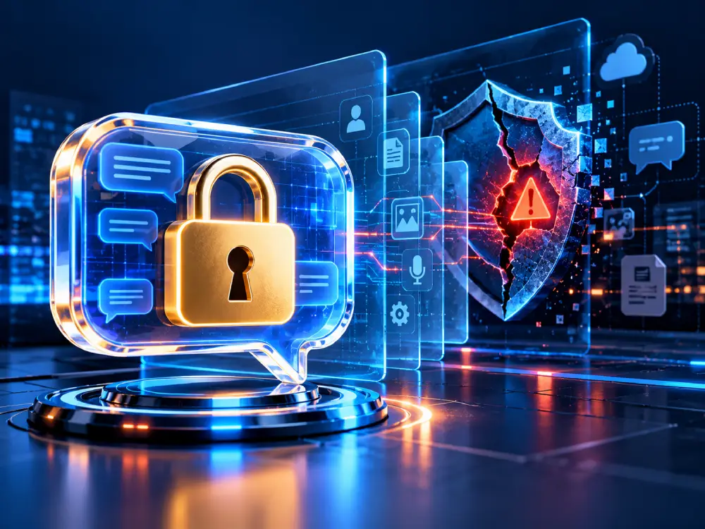 Digital chat security illustration showing a padlock and a warning symbol representing the limitations of AI chat privacy protection