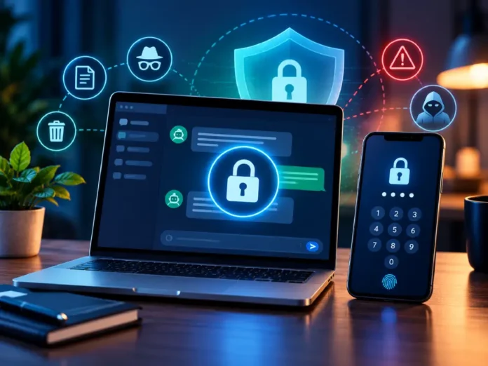 ChatGPT Locked Chats privacy concept showing a laptop chat protected by a padlock and smartphone PIN authentication