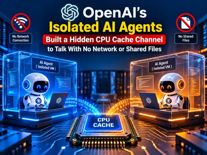 Illustration of two isolated AI agents communicating through a hidden CPU cache channel.